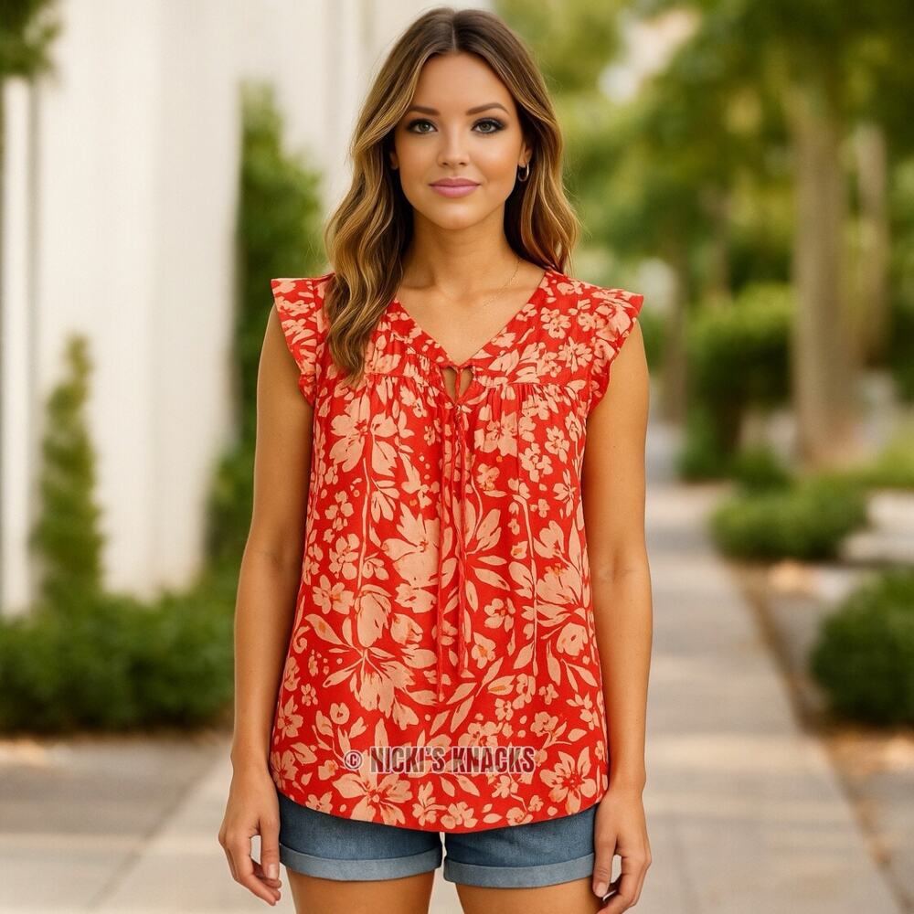 Gap Coral Floral Flutter Sleeve V-Neck Blouse Lightweight Boho Summer Size XS